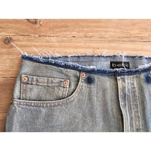 BEBE x Levis Coated Denim Jean Skirt Size 30 Reconstructed Raw Hem A- Line - Picture 5 of 9